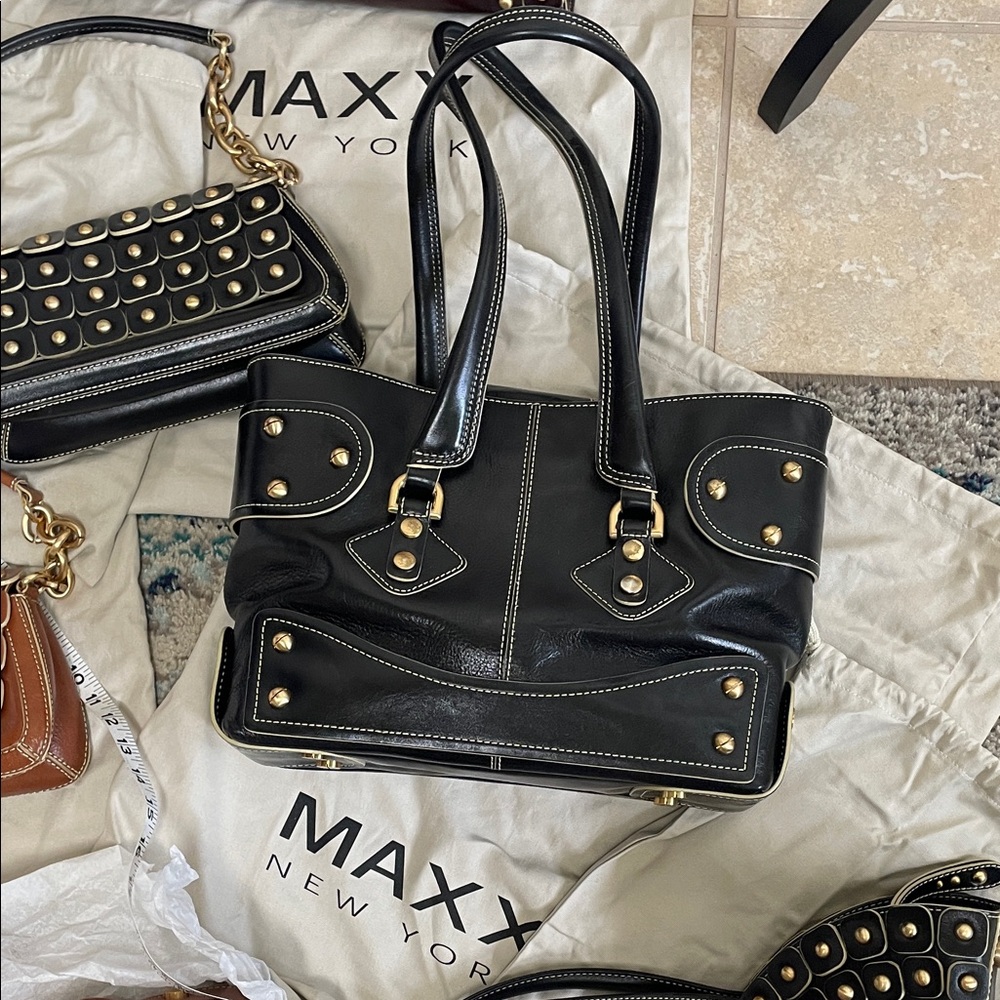 Maxx New York Black leather  Tote Shoulder Bag with Gold Accents